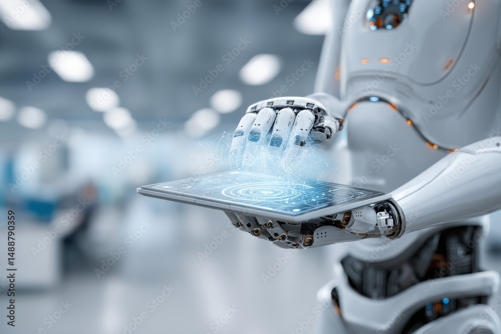 Poster a futuristic robot holds a tablet displaying a complex network of data visualizations, embodying the