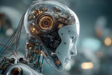 Fototapeta premium Detailed close-up of a futuristic android head, showcasing intricate internal circuitry and a sleek, modern design. Advanced technology and artificial intelligence concept.