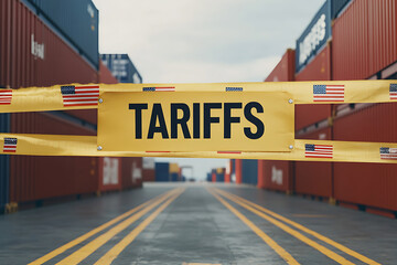 Trade Restrictions: A banner emblazoned with "Tariffs" blocks access to stacked shipping containers. US flags accentuate the economic barrier.
