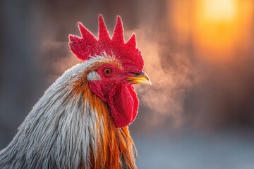 A close-up portrait of a vibrant rooster with a striking red comb, breathing in the cold air, with the warm golden light creating a magical, wintery scene.