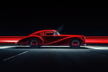 Fototapeta premium A sleek, red classic car sits on a dark asphalt road, with blurred red light trails in the background.