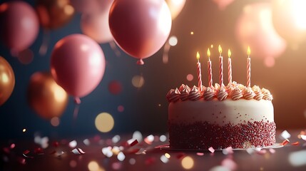 Birthday cake with balloons and confetti