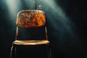 An old, rusty metal chair stands alone against a textured wall, bathed in ethereal light.