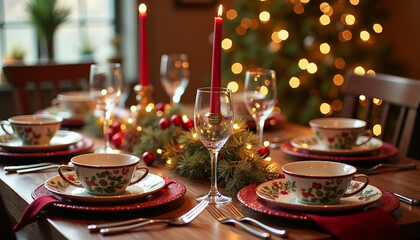 Fototapeta premium Festive Christmas Table Setting with Tree and Holiday Decorations