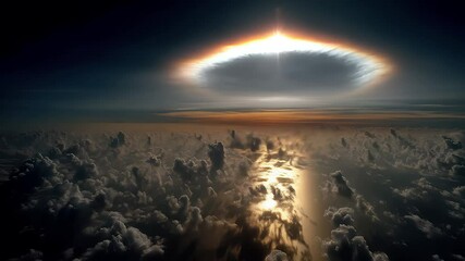Aerial View of a Rare Sun Halo over a Sea of Clouds at Sunset - Powered by Adobe
