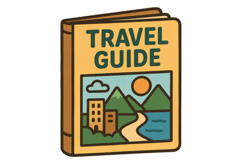 Travel guidebook featuring illustrated landscape with city, mountains, coastline on transparent background, suitable for tourism design