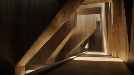 A long hallway with wooden walls and ceiling, illuminated by natural light.