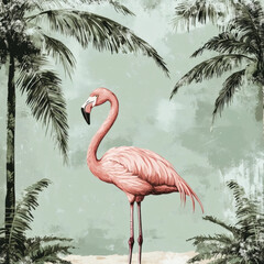 Fototapeta premium Pink Flamingo Standing Among Palm Trees - Tropical Wildlife Illustration