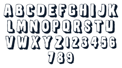 Bold Retro 3D Shadow Alphabet and Numbers Set, Vintage Style Block Letters, Hand-Drawn Typeface for Graphic Design, Posters, and Creative Typography Projects