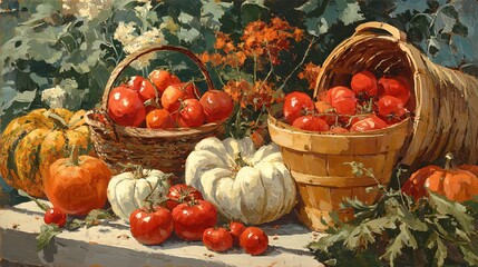 Rustic Painting of Fresh Vegetables in Basket