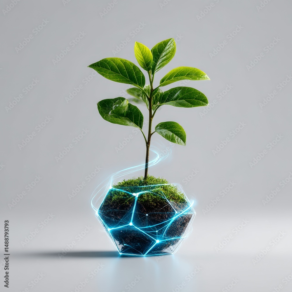 Poster a green plant in a dodecahedron planter encapsulated in a futuristic glowing network, symbolizing gr