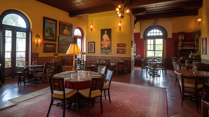 Elegant Restaurant Interior with Red Carpet and Tables - Fine Dining Setting