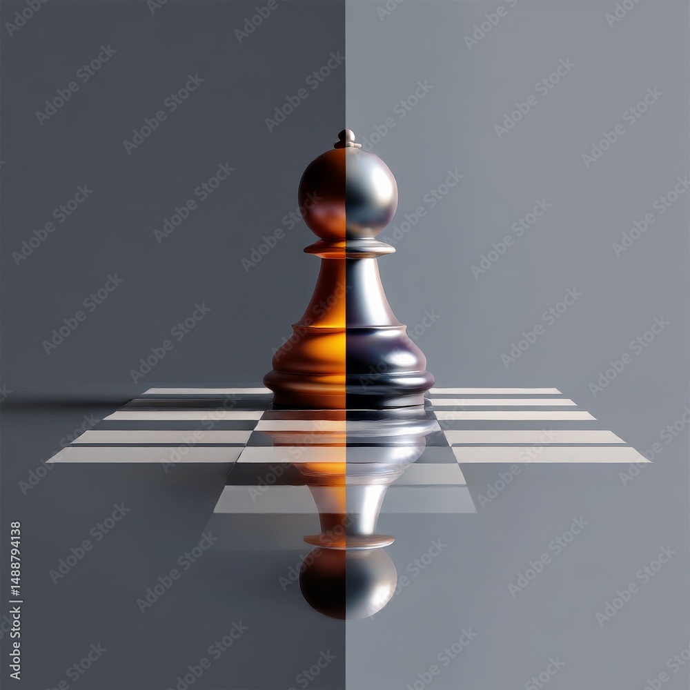 Aufkleber Dual Aspect Pawn: A Study in Reflection and Symmetry on a Minimalist Chessboard with Contrasting Lighting.