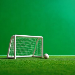 Miniature Soccer Scene: Close-up of a Small Goal and Ball on Artificial Turf with a Bright Green Backdrop 