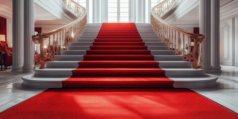 Obraz premium Elegant staircase with red carpet in a grand hall, showcasing luxury and sophistication in a historical building