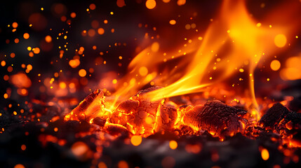 Vibrant Flames and Glowing Embers in Intense Heat and Fire Scene