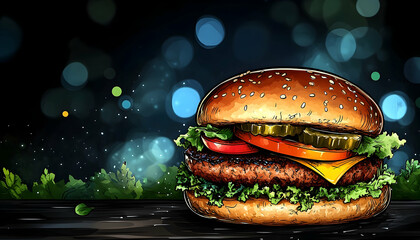 Delicious juicy burger with lettuce, tomato, cheese, and pickles in front of a blurred bokeh background