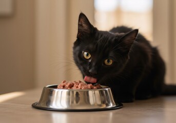 Black kitten eating wet food from a stainless steel bowl demonstrating pet nutrition and care concept at home. Focus on cute kitten eating during meal time indoors for animal lifestyle and domestic pe