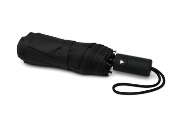 Folded black umbrella with wrist strap lying on transparent background, ready for rain or bad weather