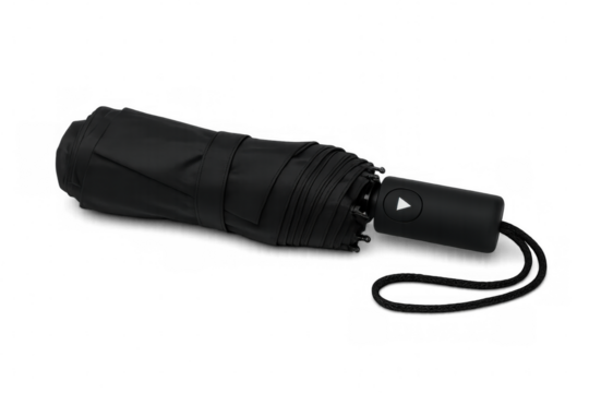 Folded black umbrella with wrist strap lying on transparent background, ready for rain or bad weather