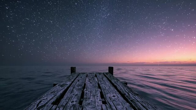 Empty dock leading into a calm, starlit ocean under a vibrant twilight sky.