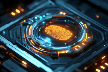 Futuristic Digital Fingerprint Scanner with Neon Lights and Technology