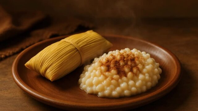 Traditional Brazilian Canjica with Pamonha on Clay Plate, Steaming Hot Dessert with Cinnamon on Rustic Background 4k uhd video