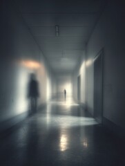Long hallway with indistinct figures, shrouded in mystery.