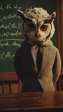 Chouette en costume r&eacute;tro dans une salle de classe ancienne, ambiance acad&eacute;mique et surr&eacute;aliste

