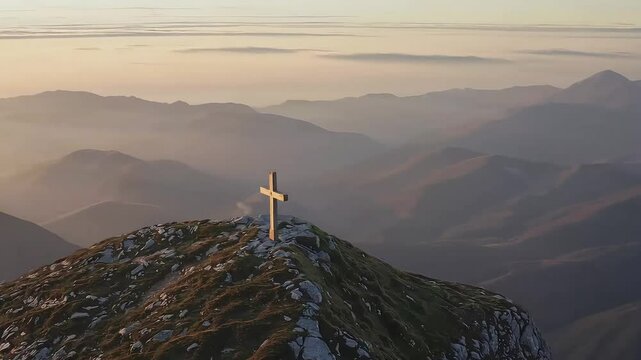 Aerial view of a cross on a rocky mountain ridge under soft golden light.