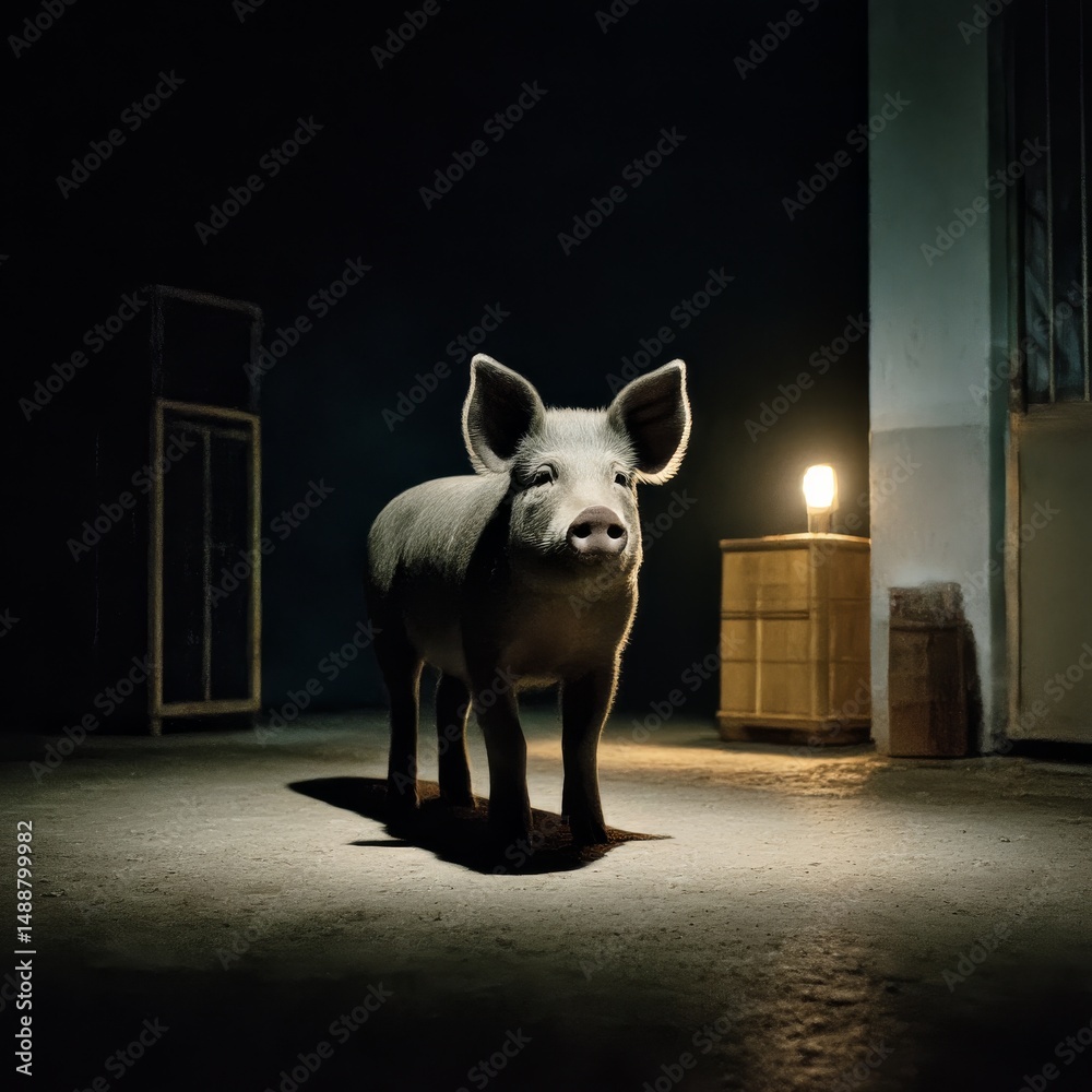 Poster a piglet in a dark room stands near a light, creating an eerie and captivating scene