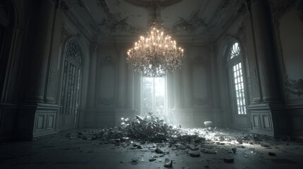 Grand hall with a magnificent chandelier amidst debris.
