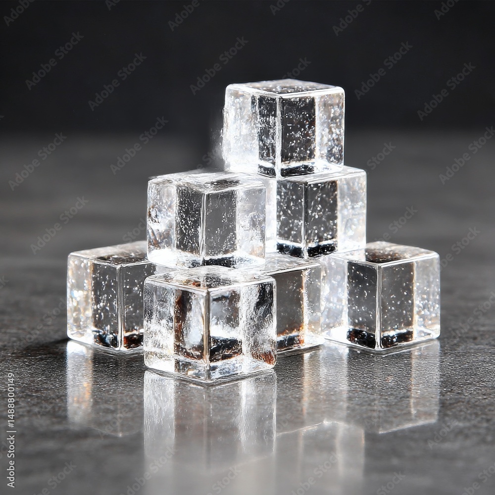 Poster chilled perfection: a stack of crystal-clear ice cubes reflecting on a sleek, dark surface for refre