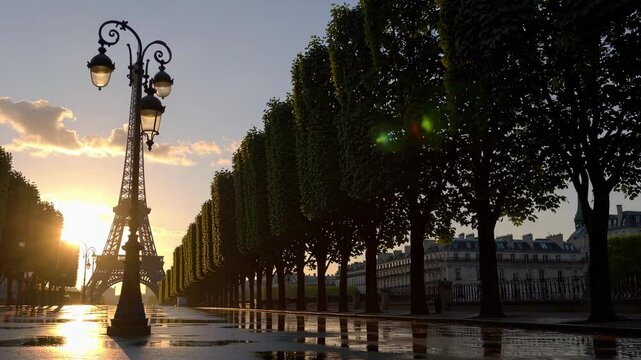 Eiffel tower at sunset parisian street with golden light and reflections