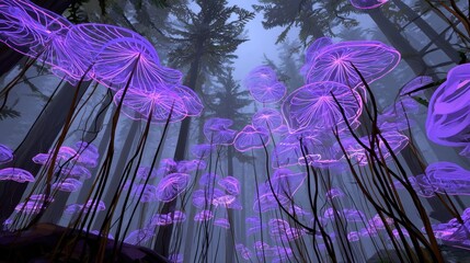 Mysterious glowing mushrooms in a mystical forest.