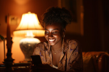 Smiling young woman using smartphone at night, illuminated by screen light, in a cozy home environment