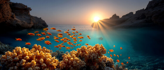 Golden fish school glides past coral reef