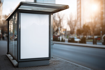 Vertical mockup of blank white poster at modern bus stop shelter on urban street with blurred traffic and buildings in background