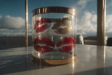 Glass cylinder vase with imprinted lip prints.