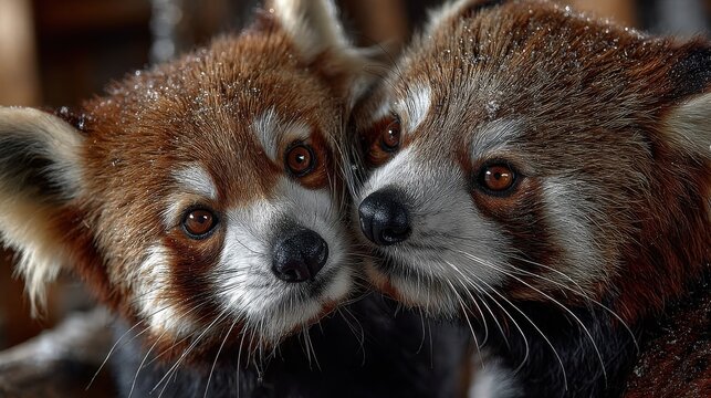 Two red panda close together, playful and affectionate interaction in a natural, lush habitat, showcasing animal friendship.