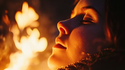 Close-up of a person's face by a warm fire.