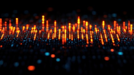 Abstract data visualization, glowing orange & blue bars on dark background