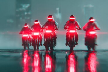 Futuristic motorcycle riders in a city at night.
