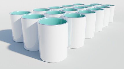 A row of white cylindrical cups with turquoise centers.