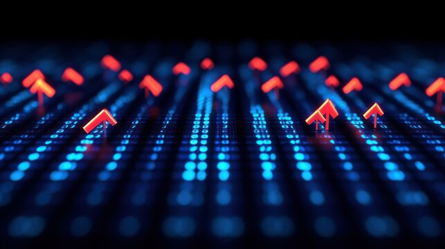 Abstract digital display with glowing red up arrows on a dark blue grid
