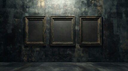 Three empty antique frames on a grunge wall.