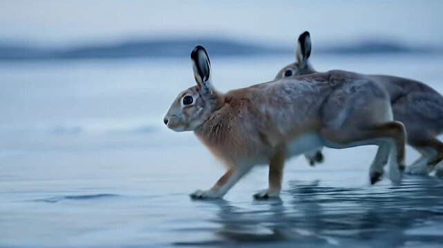 Arctic Hares on Ice: Winter Wildlife Scene