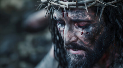 Cinematic portrait of Jesus wearing crown of thorns with sorrowful expression – dramatic religious art