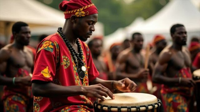 An African man in colorful folk clothes plays a drum during a city celebration.