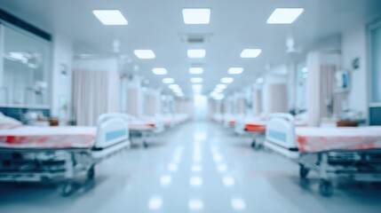 A 4K photo of patient hospital ward blur background, medical blurry interior white room ward with with bed nursing care or clinical healthcare recovery treatment space.